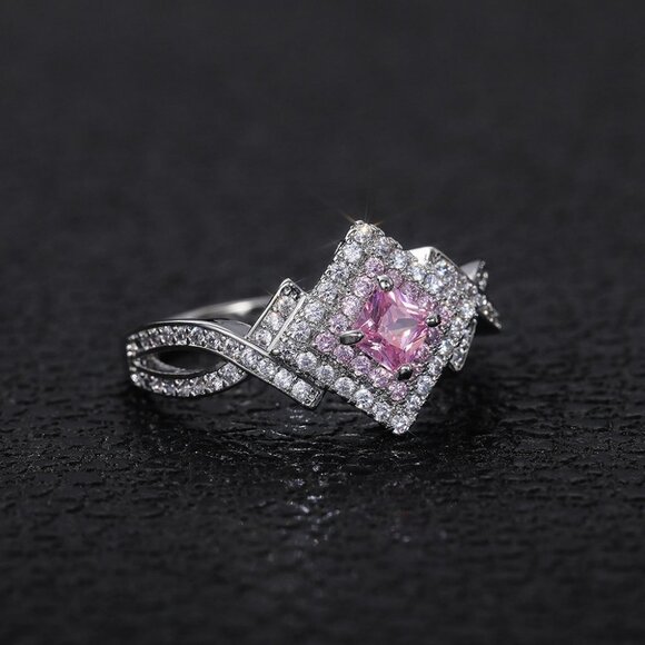😍Beautiful Silver Pure Pink Double Layer Weave Princess Cut CZ Ring, K832 - Picture 4 of 9